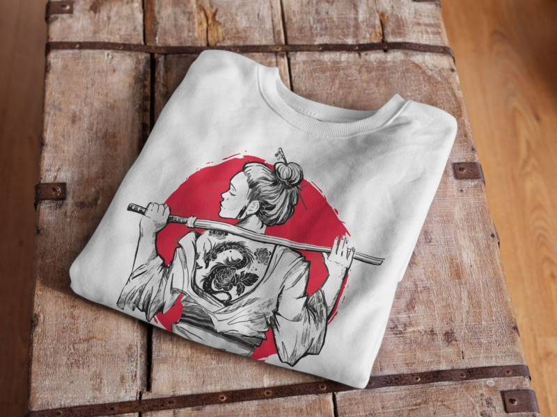 Bügelbild - Weiblicher Samurai Mit Drachen-Tattoo Direkt Auf Stoff Pressbar von FreyjaAndraya