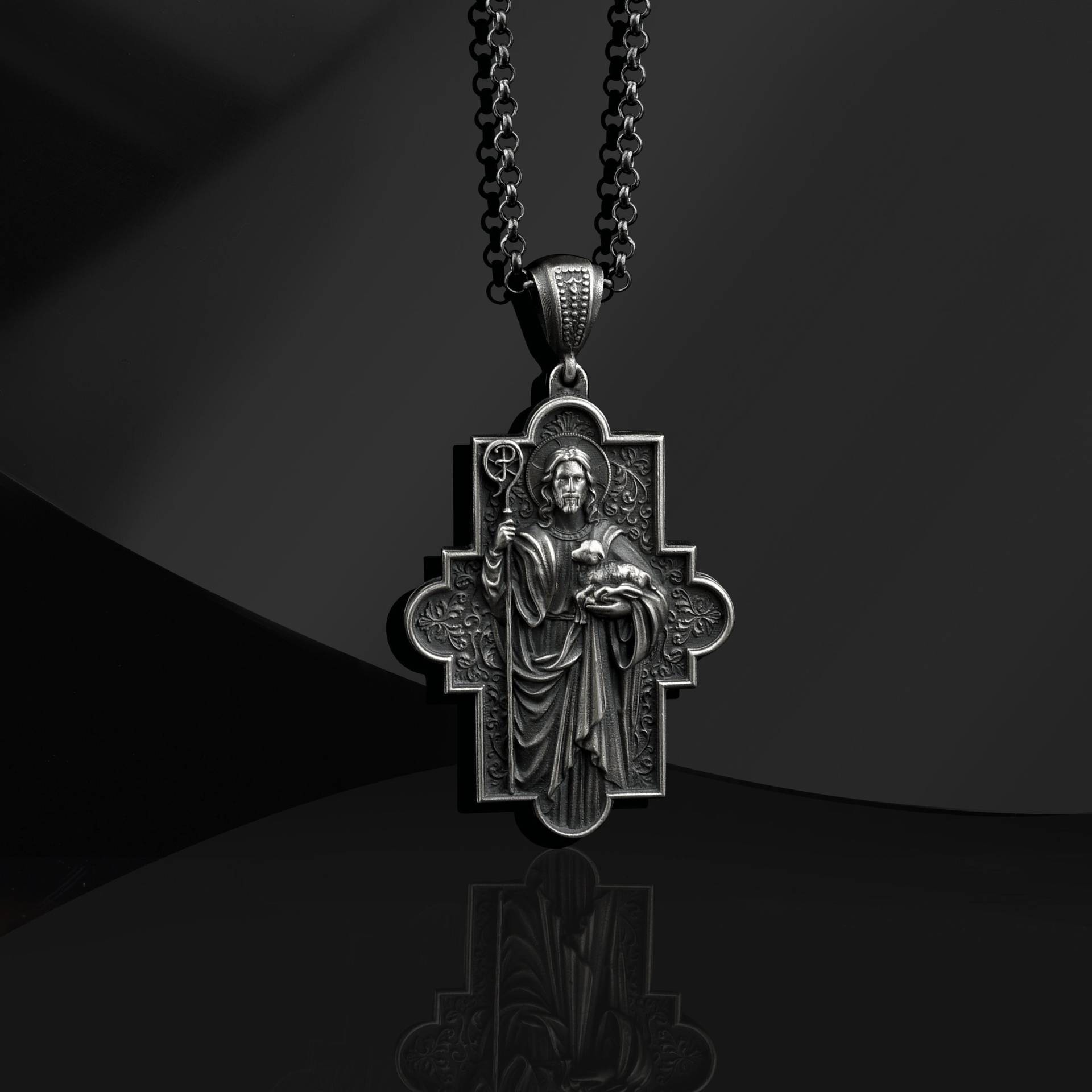 925 Sterling Silber Jesus Hirte Halskette, Religiöser Kreuz Anhänger Christlicher Schmuck Für Herren, Zubehör, Kreuzgeschenke Ihn von FreyjewelryDesign