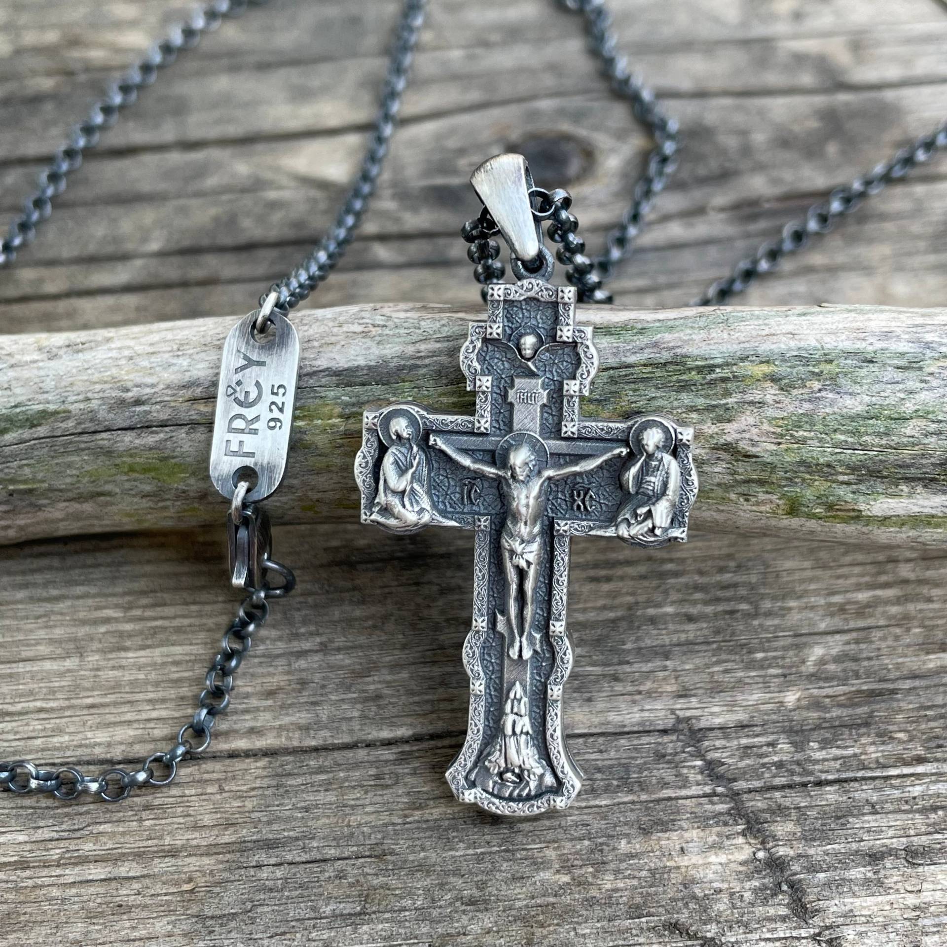 Kruzifix Jesus Kreuz Anhänger 925 Sterling Silber Kette Männer Halskette, Orthodoxes Kruzifix, Geschenke Für Ihn Personalisiert von FreyjewelryDesign