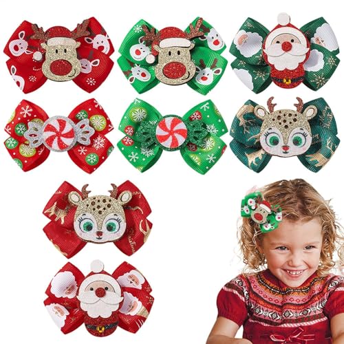 Haarspangen mit Weihnachtsschleife – 8 Stück Eisen-Haarnadeln mit Rentier-, Weihnachtsmann- und Süßigkeiten-Muster – bunte Haarspangen – Weihnachten für Mädchen Haarschmuck von Frfik