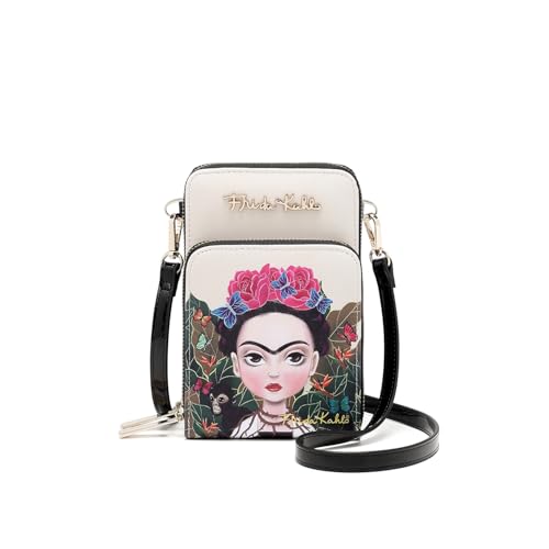 Frida Kahlo Artistic Phone Wallet Crossbody Bag Floral Butterfly Design Multi-Fach mit Kartenfächern Beige und Schwarz von Frida Kahlo
