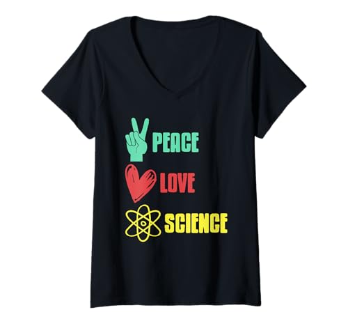 Damen Frieden Liebe Wissenschaft Retro Spruch T-Shirt mit V-Ausschnitt Damen Frieden Liebe Wissenschaft Retro Spruch T-Shirt mit V-Ausschnitt von Friedensbotschaft für Naturfreunde