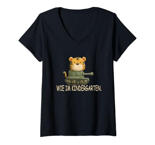 Damen Wie Im Kindergarten Lustiges Friedensmotiv Panzer Tiger T-Shirt mit V-Ausschnitt Damen Wie Im Kindergarten Lustiges Friedensmotiv Panzer Tiger T-Shirt mit V-Ausschnitt von Friedliche Welt Designs Mit Humor Und Tiefgang