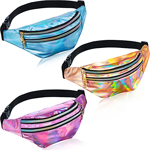 Holografische Bauchtasche für Damen, Herren, Kinder, metallische Farbe, Sport-Gürteltasche mit Taschen und verstellbarem Gürtel, Hologramm-PU-Hüfttasche für Reisen, Laufen, Party, Lila, Blau, Rotgold, von Frienda