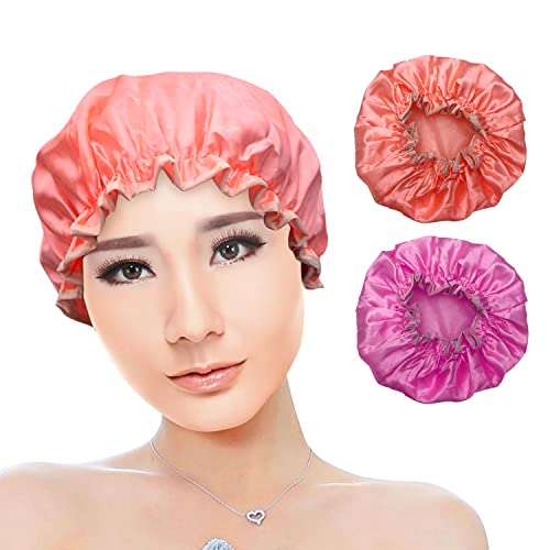 Friendjia 2 Stück Duschhaube Damen Wasserdicht Staubdicht Ölbeständig Wiederverwendbare Duschhaube mit Gummiband - Rose Pink Solid Pattern Friendjia 2 Stück Duschhaube Damen Wasserdicht Staubdicht Ölbeständig Wiederverwendbare Duschhaube mit Gummiband - Rose Pink Solid Pattern von Friendjia