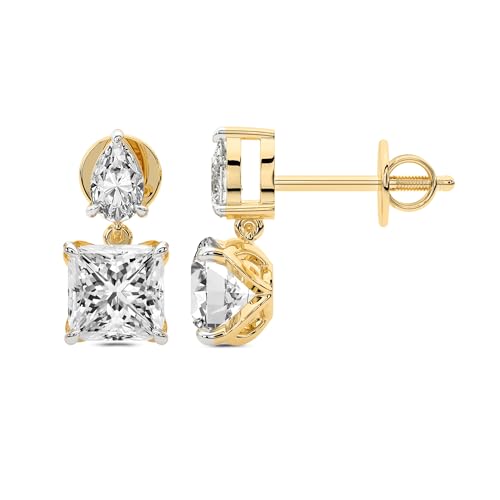 10 Karat IGI-Zertifiziert Prinzessin Form Im Labor Gezüchteter Diamant Earrings | 14K in Gelbgold | Seraphic Teardrop Dangling Ohrringe | Krappenfassung | FG-VS1-VS2 Qualität von Friendly Diamonds