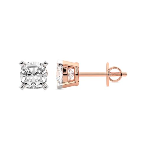 Diamant-Ohrstecker für Damen | 1 Karat IGI-Zertifiziert Kissen Form Vier-Krappen-Diamant-Ohrstecker | F-G Color, VS1-VS2 Clarity | 14K Roségold | Freundliche Diamanten von Friendly Diamonds