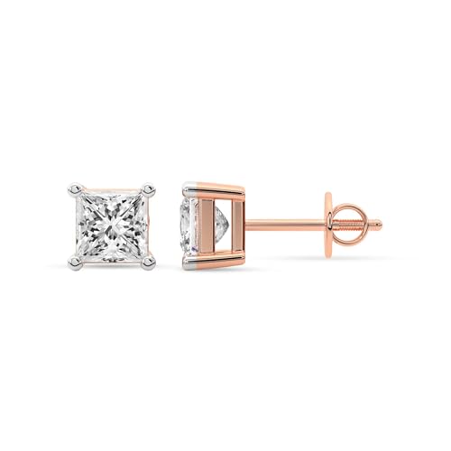 Diamant-Ohrstecker für Damen | 1 Karat IGI-Zertifiziert Prinzessin Form Vier-Krappen-Diamant-Ohrstecker | F-G Color, VS1-VS2 Clarity | 14K Roségold | Freundliche Diamanten von Friendly Diamonds