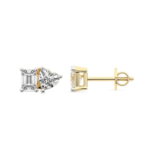 Smaragd & Herz Form Im Labor Gezüchteter Diamant Divine Doppelt Flame Ohrstecker für Frauen | 1 Karat IGI-Zertifiziert 14K Gelbgold | FG-VS1-VS2 Qualität Freundliche Diamanten-Ohrringe von Friendly Diamonds