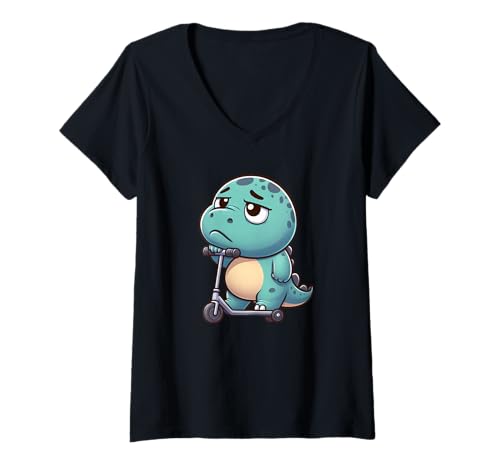 Damen Süßer trauriger Dinosaurier T-Rex auf Roller T-Shirt mit V-Ausschnitt von Friendly Dino Cartoon Designs
