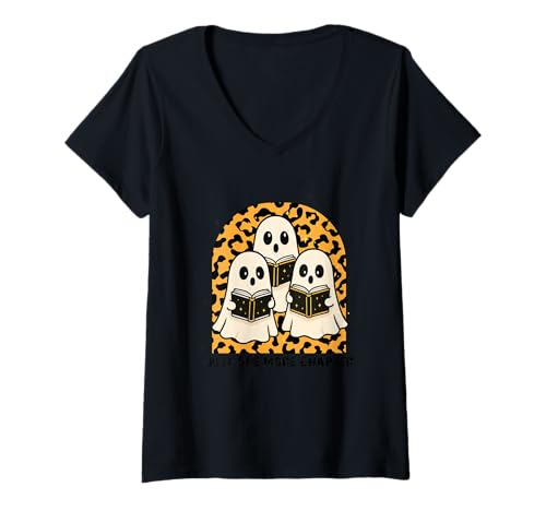 Damen Nur EIN Kleiner Geist, der EIN Buch liest T-Shirt mit V-Ausschnitt Damen Nur EIN Kleiner Geist, der EIN Buch liest T-Shirt mit V-Ausschnitt von Friendly Ghosts Halloween Reading Fun