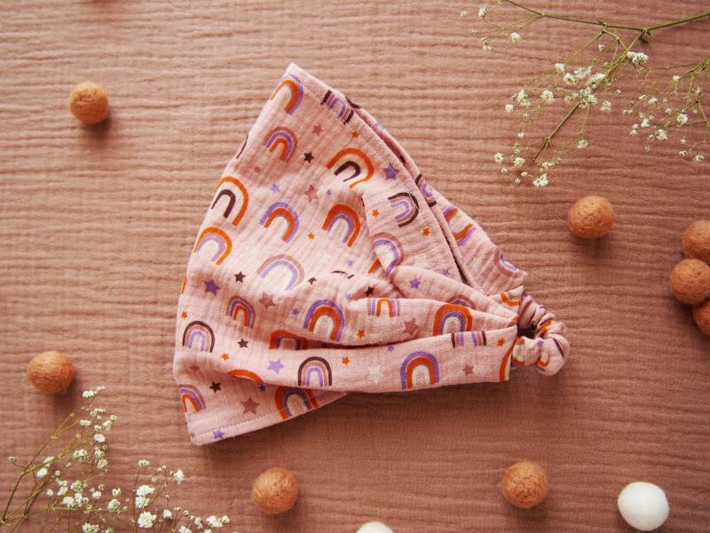 Mädchen Kopftuch Pink Mit Regenbogen Säuglingssonnenschutz. Haarband Aus Bio Musselin. Chemo Kopfbedeckung Für Kinder. Kleinkind-stirnband von FriendlyBaby