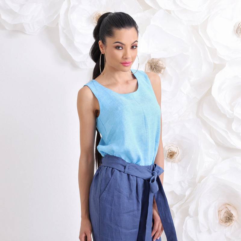 Blaues Leinen Basic Top, Sommer Flachs Freizeit Bluse, Kleidung von FriendsFashion