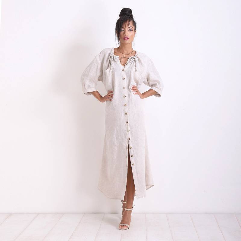 Weißes Leinen Maxikleid Boho Kaftan Sommerkleidung | Größe M von FriendsFashion