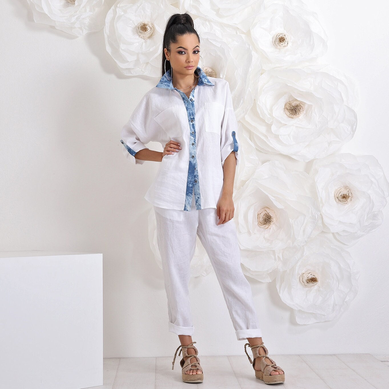 Sommer Weiß Leinen Bluse, Plus Größe Kleidung, Button Shirt Sommer Weiß Leinen Bluse, Plus Größe Kleidung, Button Shirt von FriendsFashion