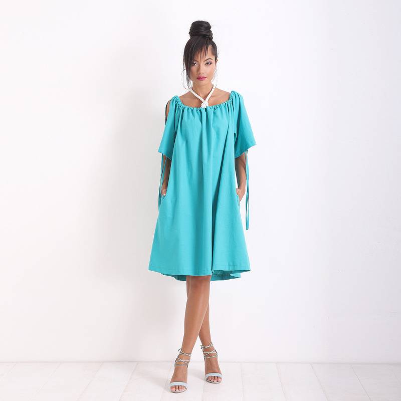 Türkises Leinen Maxikleid Lockeres Boho Sommerkleid, Übergröße von FriendsFashion