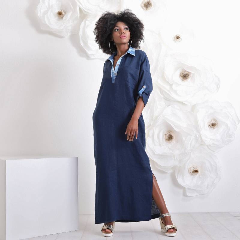 Leinen Maxi Kaftan Kleid Denim Akzente, Plus Size Sommerkleidung von FriendsFashion
