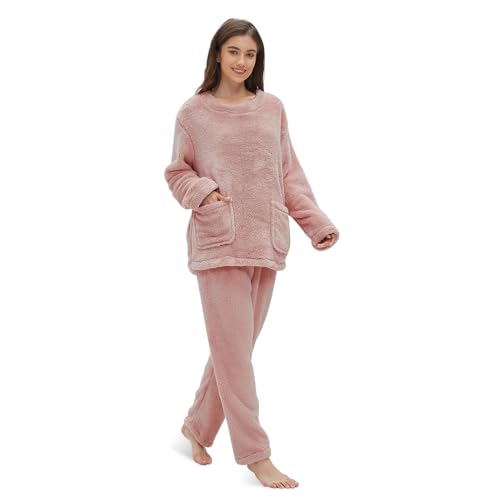 Friendumo Warmes Coral Fleece-Pyjama-Set für Damen - Nachtwäsche, Hauskleidung, weicher Winter-Pyjama für Damen, zweiteilig, langärmliges Oberteil und warme Hose, Pyjama mit Taschen(Rosa-M) von Friendumo
