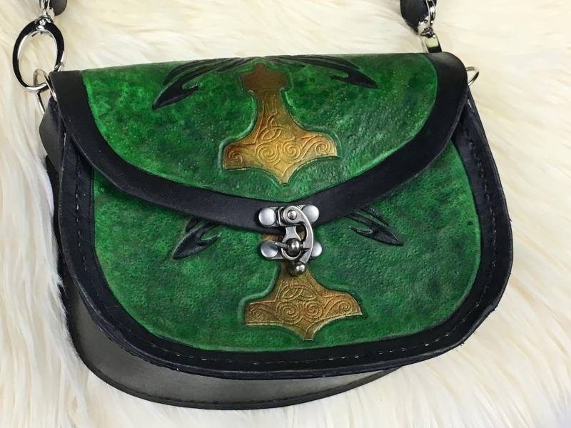 Wikinger Ledertasche - Grüner Mjölnir Thorshammer Tasche Umhängetasche Asatru Ren Faire von FriggasFinery
