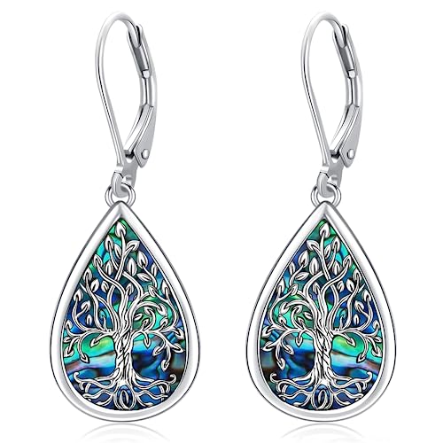 Baum des Lebens Ohrringe 925 Sterling Silber Abalone Muschel Lebensbaum Hängend Ohrringe Schmuck für Damen Mädchen, Geburtstags Muttertags Schmuck Geschenke (Baum des Lebens Ohrringe-D) von Friggem