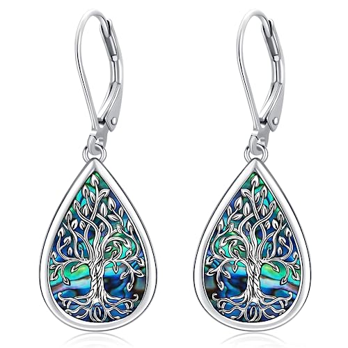 Baum des Lebens Ohrringe 925 Sterling Silber Abalone Muschel Hängend Schmuck für Damen Mädchen - Geburtstags Muttertags Geschenke (Lebensbaum-D) von Friggem
