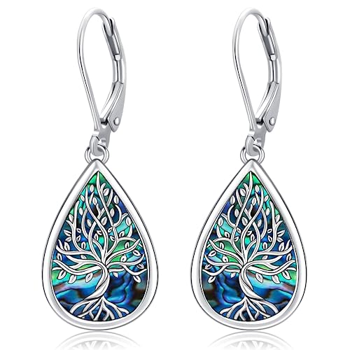 Baum des Lebens Ohrringe 925 Sterling Silber Abalone Muschel Lebensbaum Hängend Ohrringe Schmuck für Damen Mädchen, Geburtstags Muttertags Schmuck Geschenke (Baum des Lebens Ohrringe-E) von Friggem