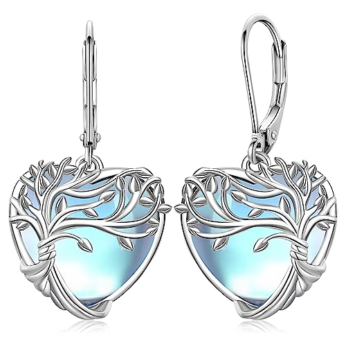 Baum des Lebens Ohrringe 925 Sterling Silber Herzform Mondstein Lebensbaum Anhänger Ohrringe Hypoallergene Ohrringe Damen Mondstein Schmuck Geschenke für Mami Mädchen Schwestern von Friggem