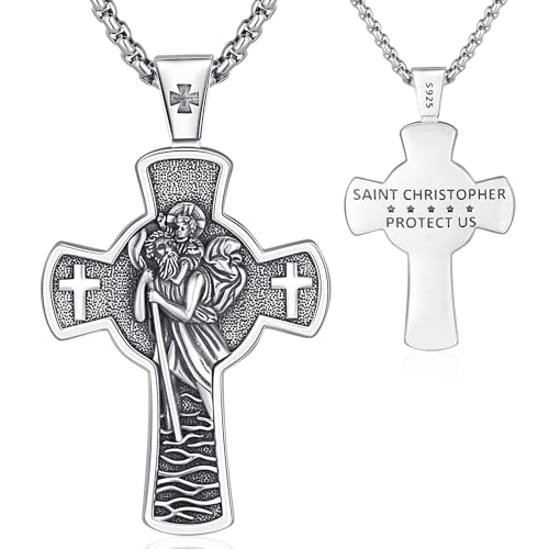 Friggem St. Christophorus Halskette 925 Sterling Silber Christophorus Kreuz Anhänger, Religiöse Halsketten Amulett Schmuck Geschenke für Damen und Herren von Friggem