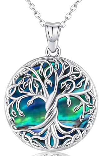 Damen Lebensbaum Anhänger mit Kette 925 Sterling Silber Baum des Lebens Anhänger Halskette Abalone Muschel Schmuck für Frauen Mädchen Mama Tochter Oma von Friggem