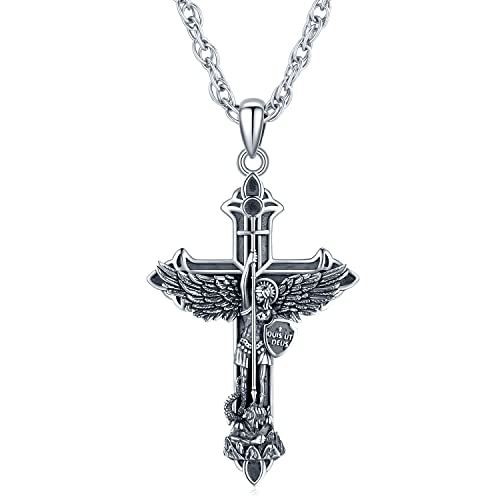 Erzengel Michael Halskette 925 Sterling Silber Kreuz Anhänger Herren Halskette Michaels Religiöser Amulett Schmuck Herren Damen Geschenke Ketten aus rostfreiem Stahl von Friggem