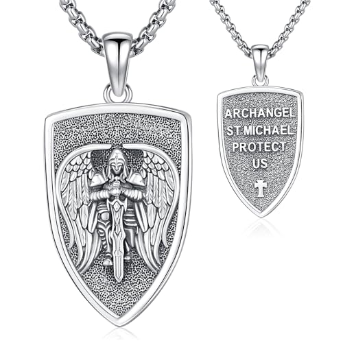 Erzengel Michael Halskette 925 Sterling Silber Michael Schilde Anhänger Herren Halskette Michaels Religiöser Amulett Schmuck Herren Damen Geschenke Ketten aus rostfreiem Stahl von Friggem