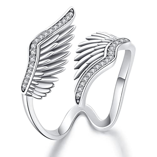 Feder Ring Damen 925 Sterling Silber Verstellbarer Offener Ring Engelsflügel Ring Minimalistisch Zirkonia Ring Schmuck Geschenke für Frauen Mädchen Schwester Freundin von Friggem