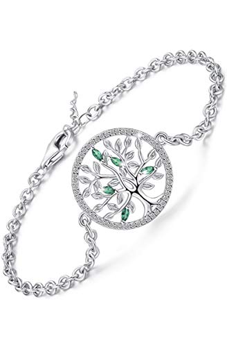 Frauen Baum des Lebens Armband, 925 Sterling Silber Armband Charm Chain mit Zirkonia ＆ Smaragd, verstellbare Verbindung Baum Armband Schmuck Geschenk für Frauen （Mit feiner Schmuckschatulle）) von Friggem