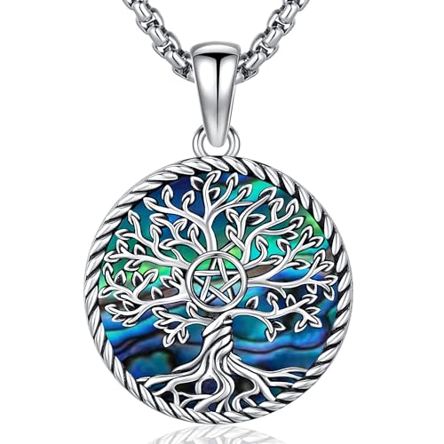 Baum des Lebens Halskette 925 Sterling Silber Pentagramm Lebensbaum Kette Pagan Wiccan Amulett Baum des Lebens Anhänger Schmuck für Damen Mädchen (Abalone Muschel Lebensbaum-D) von Friggem
