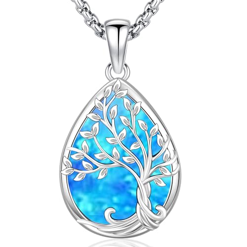 Friggem Baum des Lebens Halskette 925 Sterling Silber Blauer Opal Lebensbaum Anhänger Halskette Damen Schmuck Halskette Geschenke für Mutter Schwester Geliebte von Friggem