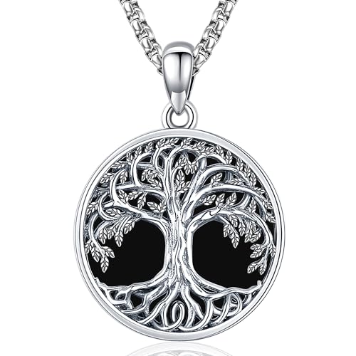 Friggem Baum des Lebens Kette 925 Sterling Silber Keltische Lebensbaum Anhänger Halskette Schwarze Onyx Kette Schmuck Geschenk für Damen Mädchen (Lebensbaum-A-3) von Friggem