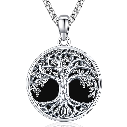 Baum des Lebens Kette 925 Sterling Silber Keltische Lebensbaum Anhänger Halskette Schwarze Onyx Kette Schmuck Geschenk für Damen Mädchen (Lebensbaum-A-3) von Friggem