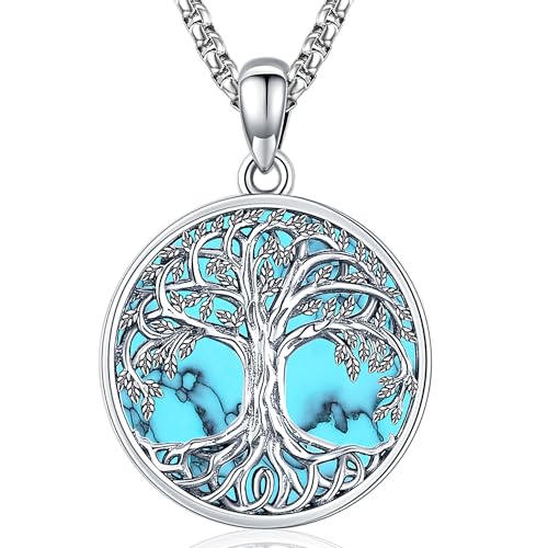 Damen Kette Lebensbaum 925 Sterling Silber Baum des Lebens Halskette Türkis Keltische Anhänger Schmuck für Mutter Damen Mädchen (Lebensbaum-A-2) von Friggem