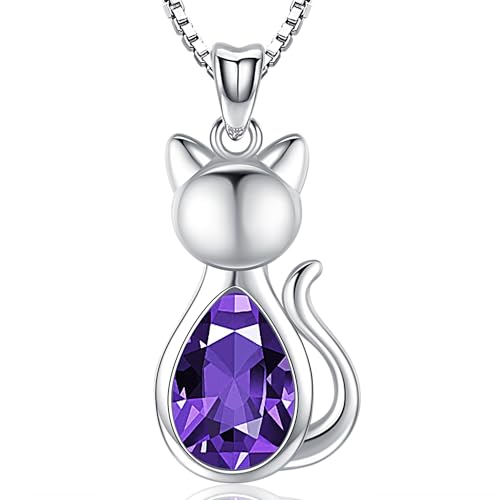 Friggem Februar Geburtsstein Halskette 925 Sterling Silber Geburtsstein Katze Anhänger, Damen Schmuck Festliche Geschenke für Mütter Geliebte und Damen von Friggem