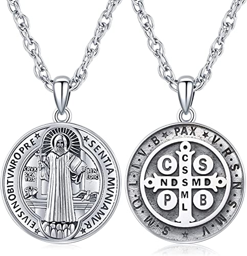 Friggem Heiliger Benedikt Kette Herren Medaille Anhänger Halskette 925 Sterling Silber St. Benedikt Anhänger Kreuz Religious Protector Talisman Kette für Herren Damen (Saint Benedikt-02) von Friggem