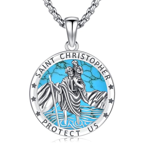 Heiliger Christophorus Anhänger | 925 Sterling Silber Heiliger Medaille | Heiliger Christophorus Halskette | Religiöser Amulett Kette Schmuck für Herren Damen (Saint Christophorus-E) von Friggem