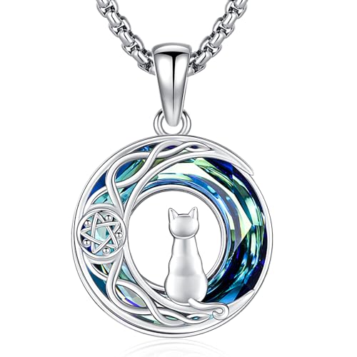 Friggem Katze Anhänger Halskette 925 Sterling Silber Mond katzen Anhänger Blaue Kristall Katzen Ketten Damen Anhänger Halskette Geschenke für Mutti Mädchen Damen von Friggem