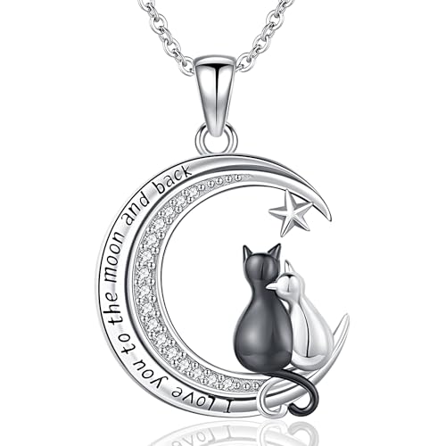 Friggem Katze Anhänger Halskette 925 Sterling Silber mit Zirkonia Katze Mond Anhänger Damen Schmuck Halskette, Geschenke für Mami Mädchen von Friggem