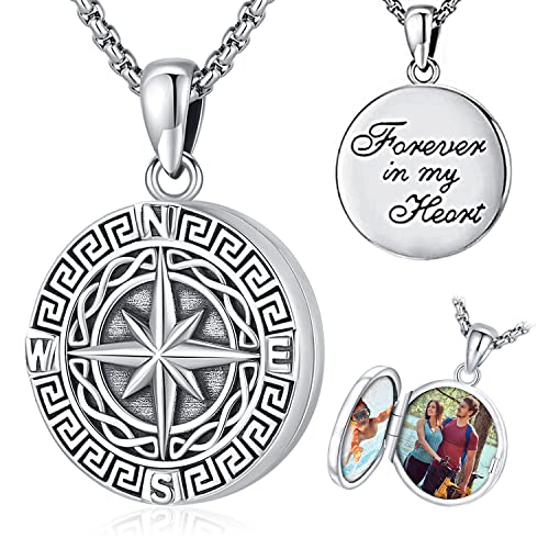 Kompass Fotobox Halskette 925 Sterling Silber Kompass Anhänge Halskette Herren Damen Amulett Schmuck Geschenke für Familie Freunde zum Jahrestag Abschluss von Friggem