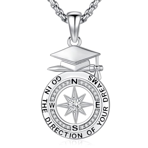 Friggem Kompass Halskette 925 Sterling Silber Kompass Anhänger Bachelor's Hat Kompass Ketten Amulett Schmuck Geschenk für Graduierung Saison von Friggem