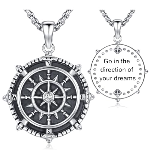 Friggem Kompass Halskette 925 Sterling Silber Kompass Anhänger Damen Herren Vintage Kompass Halskette Amulett Schmuck Geschenk für Graduierung Saison von Friggem