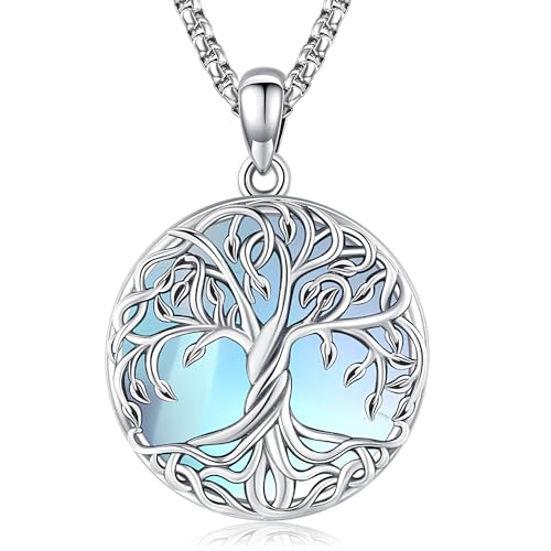 Friggem Lebensbaum Kette,925 Sterling Silber Baum des Lebens Anhänger Halskette Keltischer Knoten Baum des Lebens Schmuck Geschenke für Damen Mädchen (Mondstein Lebensbaum) von Friggem