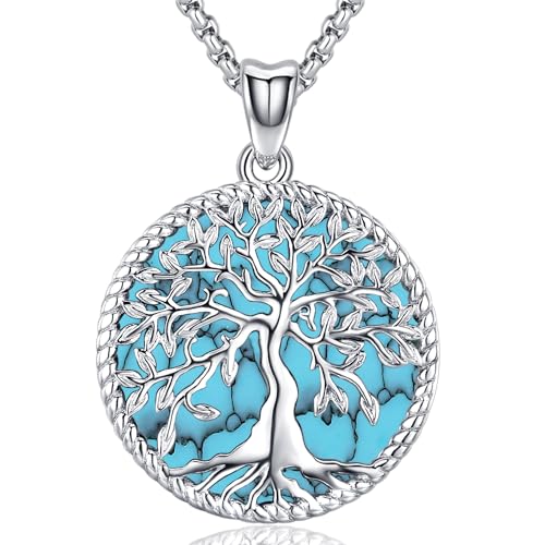 Friggem Lebensbaum Kette Mondstein Anhänger Halskette 925 Sterling Silber Baum des Lebens Halskette Familie Baum des Lebens Schmuck für Frauen Mädchen (Lebensbaum Turquoise) von Friggem