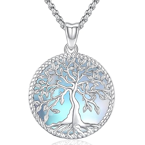 Friggem Lebensbaum Kette Mondstein Anhänger Halskette 925 Sterling Silber Baum des Lebens Halskette Familie Baum des Lebens Schmuck für Frauen Mädchen (Pierre de Lune Lebensbaum) von Friggem