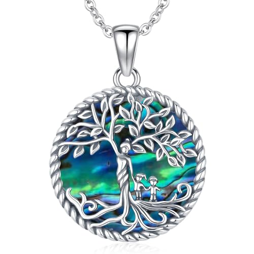 Friggem Mutter und Kind Anhänger Halskette 925 Sterling Silber Baum des Lebens Kette Damen Abalone-Muschel Schmuck Geschenke für Mutti Frauen Mädchen von Friggem